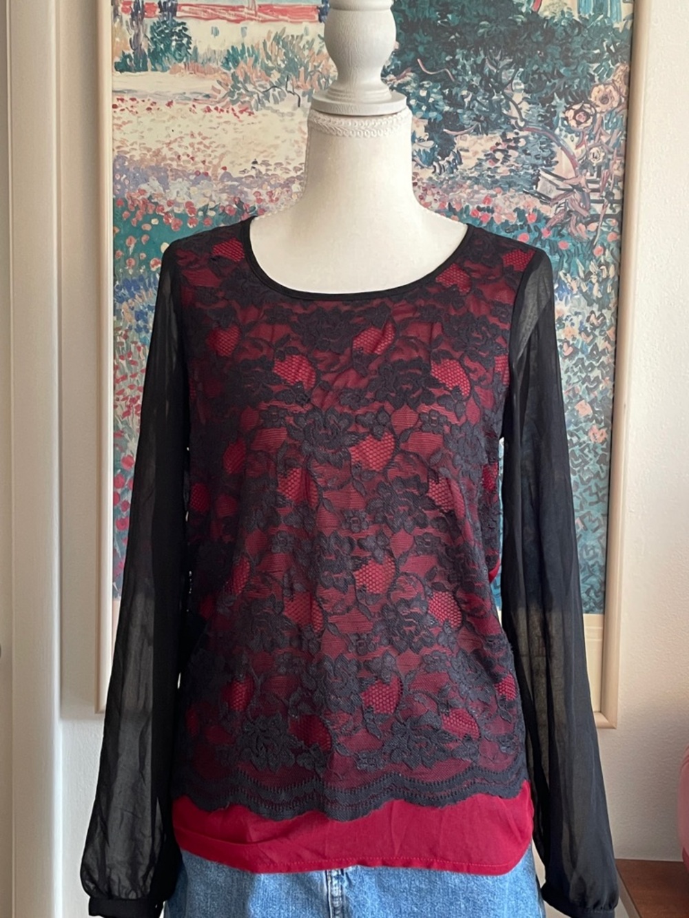 Vintage Y2K The Limited Black Lace Layered Top XS Floral Sheer Whimsigoth Vamp